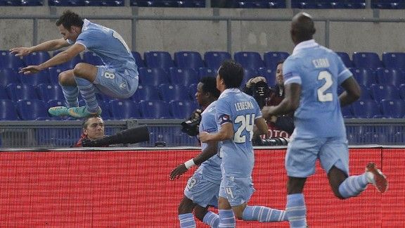 Libor Kozak leaps for joy after scoring for Lazio against Panathinaikos