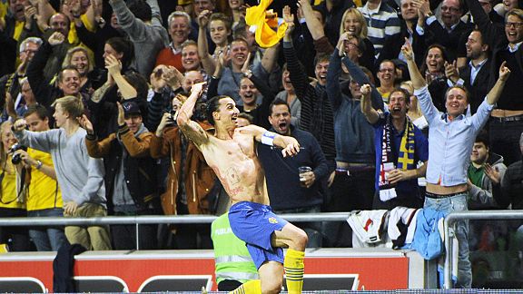 The crowd goes wild as Zlatan Ibrahimovic celebrates his stunning fourth goal against England
