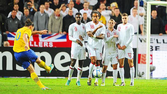Zlatan Ibrahimovic fires home his hat-trick goal against England from a free-kick