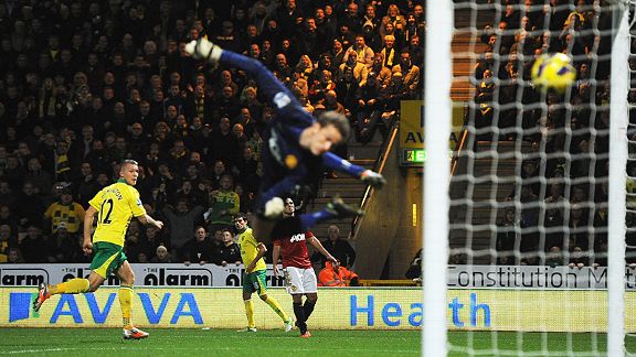 Anders Lindegaard is helpless to stop Anthony Pilkington heading Norwich in front against Man United