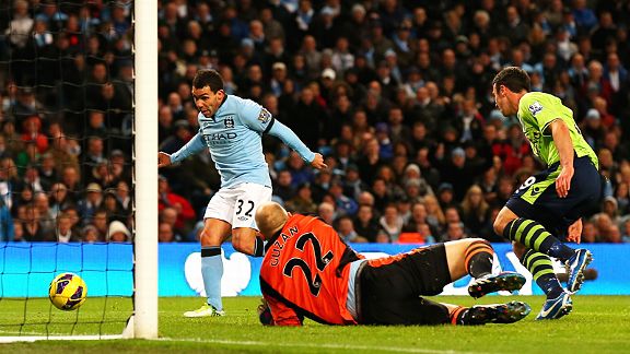 Carlos Tevez rounds off a 5-0 victory for Man City against Aston Villa