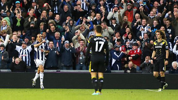 Peter Odemwingie celebrates after scoring what proved to be West Brom's winner against Chelsea