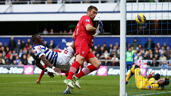 Rickie Lambert heads home the first goal of the game for Southampton at QPR