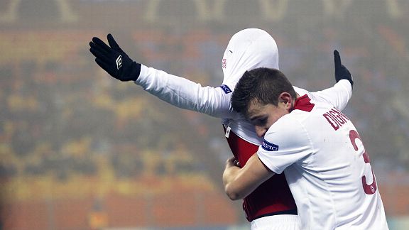 Lucas Digne hugs goalscorer Gianni Bruno after Lille went two goals up at BATE
