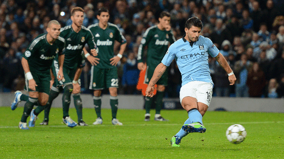 Sergio Aguero penalty Man City v Real Madrid 