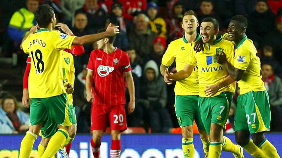 Norwich celebrate after Robert Snodgrass brought the Canaries back on level terms at Southampton