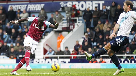 Mohamed Diame puts West Ham into the lead against Chelsea