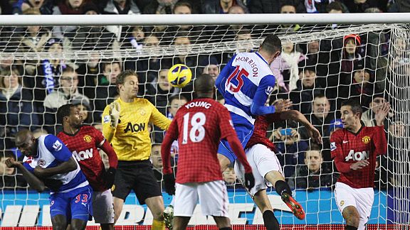 Sean Morrison heads home Reading's third goal against Man United