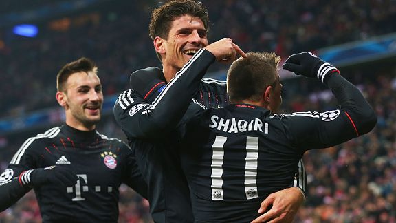 Bayern Munich celebrate after Xherdan Shaqiri headed home their third goal