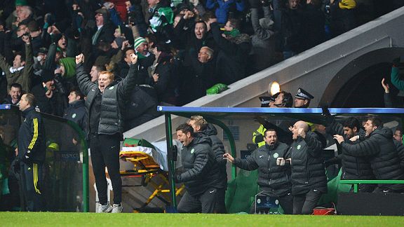 Neil Lennon jumps for joy as Chelsea book their place in the Champions League knockout rounds