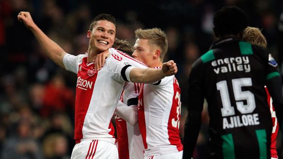 Derk Boerrigter celebrates after opening the scoring for Ajax against Groningen