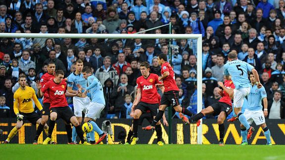 Pablo Zabaleta fires home to make it 2-2 in the dying minutes of the derby