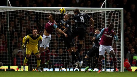 Steven Gerrard scores an own goal to give West Ham a 2-1 lead