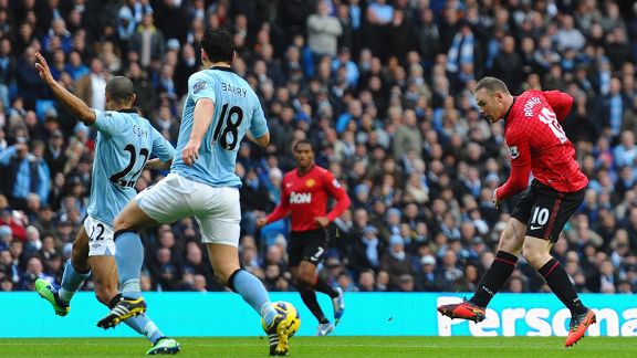 Wayne Rooney scores for Man United against Man City