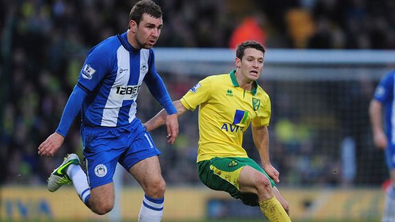 Norwich goalscorer Wes Hoolahan battles for possession with Wigan's James McArthur