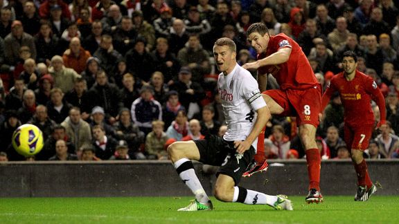 Steven Gerrard fires home Liverpool's second goal