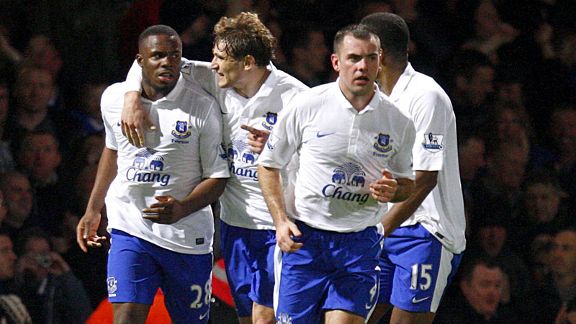 Victor Anichebe celebrates with his team-mates after netting an equaliser for Everton