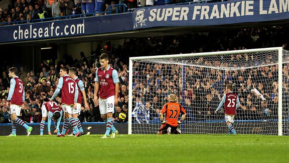 Aston Villa show their frustration after falling 3-0 behind from a Branislav Ivanovic header