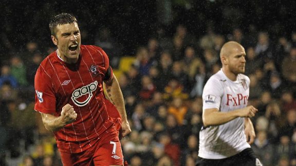 Southampton striker celebrates earning his side a point at Fulham after scoring from the penalty spot