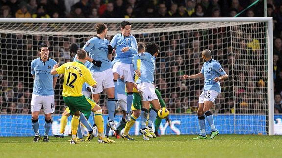 Anthony Pilkington scores from a free-kick to reduce the deficit against Manchester City
