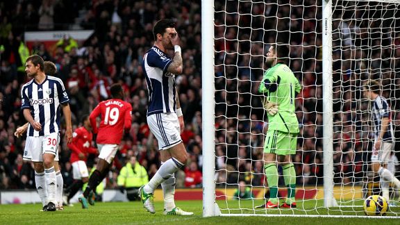 West Brom show their frustration after going behind at Manchester United to a Gareth McAuley own goal