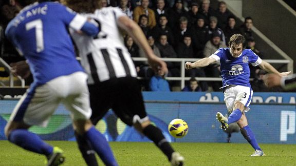 Leighton Baines scores a long-range free-kick against Newcastle