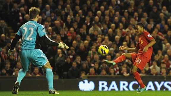 Raheem Sterling scores Liverpool's opener against Sunderland