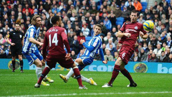 Andrea Orlandi fires Brighton into the lead against Newcastle