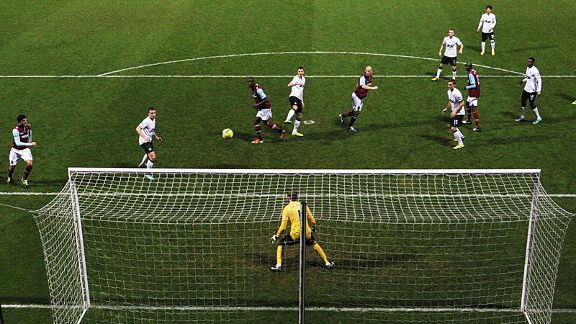 James Collins heads home West Ham's second goal against Manchester United