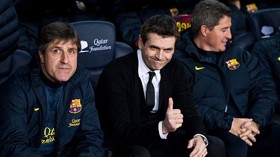 Tito Vilanova was back in the Barcelona's dugout as they thrashed Espanyol 4-0 at the Camp Nou