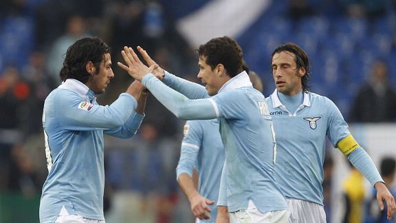 Sergio Floccari and Hernanes celebrate Lazio's Serie A win against Atalanta