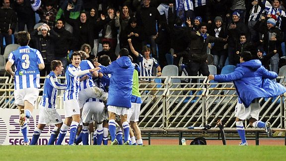 Real Sociedad celebrate their dramatic winner against Barcelona