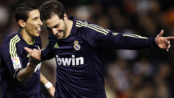 Gonzalo Higuain celebrates after scoring Real's opening goal at Valencia