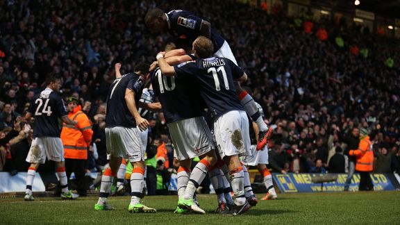 Luton celebrate after knocking Premier League side Norwich out of the FA Cup
