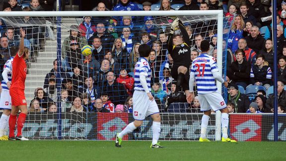 QPR goalkeeper Robert Green fails to keep out Dean Lewington's shot as MK Dons take the lead