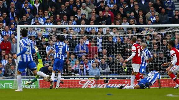 Olivier Giroud looks on as his strike finds the back of the net at Brighton