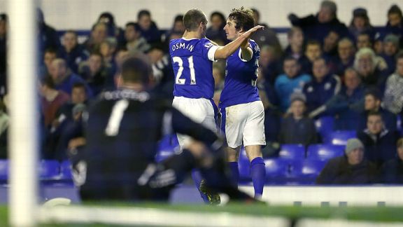Leighton Baines celebrates with Leon Osman after putting Everton ahead against West Brom