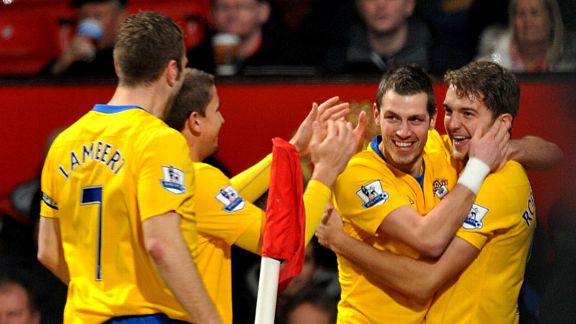 Southampton celebrate after taking a shock lead at Old Trafford through Jay Rodriguez