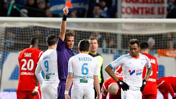 Joey Barton gets his marching orders after being shown a second yellow card in Marseille's 1-0 defeat to Nancy