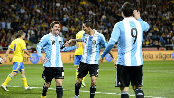 Gonzalo Higuain celebrates scoring for Argentina in their 3-2 friendly victory over Sweden