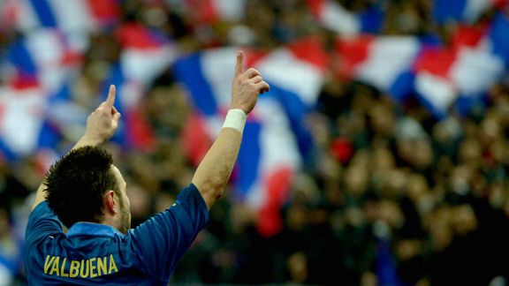 Mathieu Valbuena celebrates after putting France ahead against Germany on the stroke of half-time
