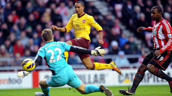 Theo Walcott is denied by the post as he looks to increase Arsenal's advantage