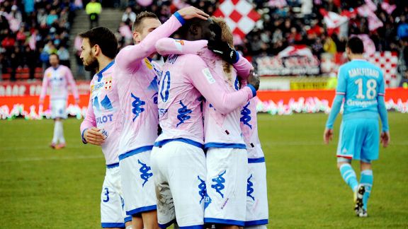 Yannick Sagbo celebrates after netting for Evian to deny Marseille