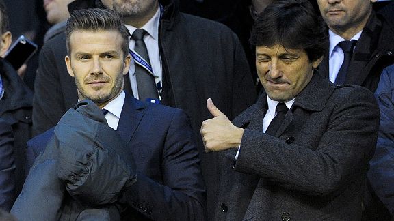 David Beckham and Leonardo watch PSG's Champions League victory at Valencia