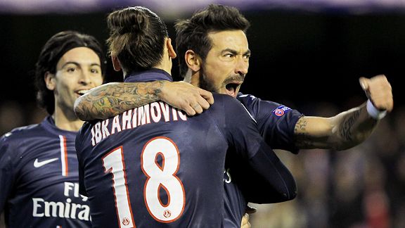 Ezequiel Lavezzi celebrates with Zlatan Ibrahimovic after giving PSG the lead at Valencia