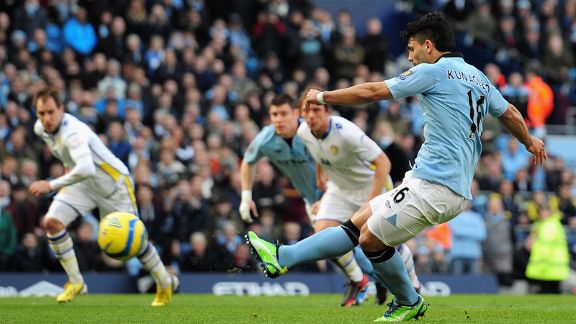 Sergio Aguero scores Manchester City's second goal in their FA Cup tie against Leeds