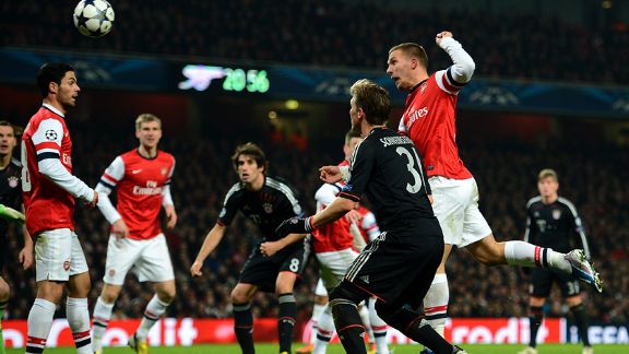 Lukas Podolski scores fpr Arsenal against Bayern Munich in the Champions League