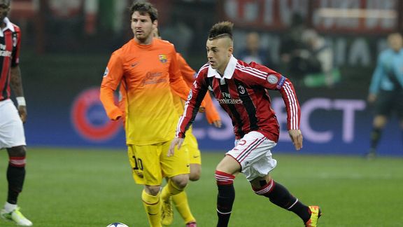 Stephan El Shaarawy and Lionel Messi AC Milan v Barcelona