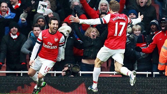 Santi Cazorla and Nacho Monreal celebrate the Arsenal winner