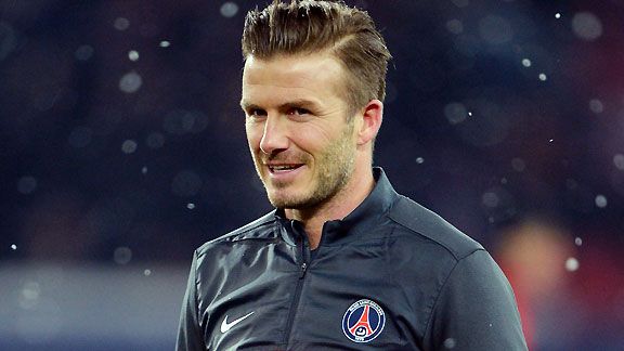David Beckham is seen during the PSG pre-match warm-up
